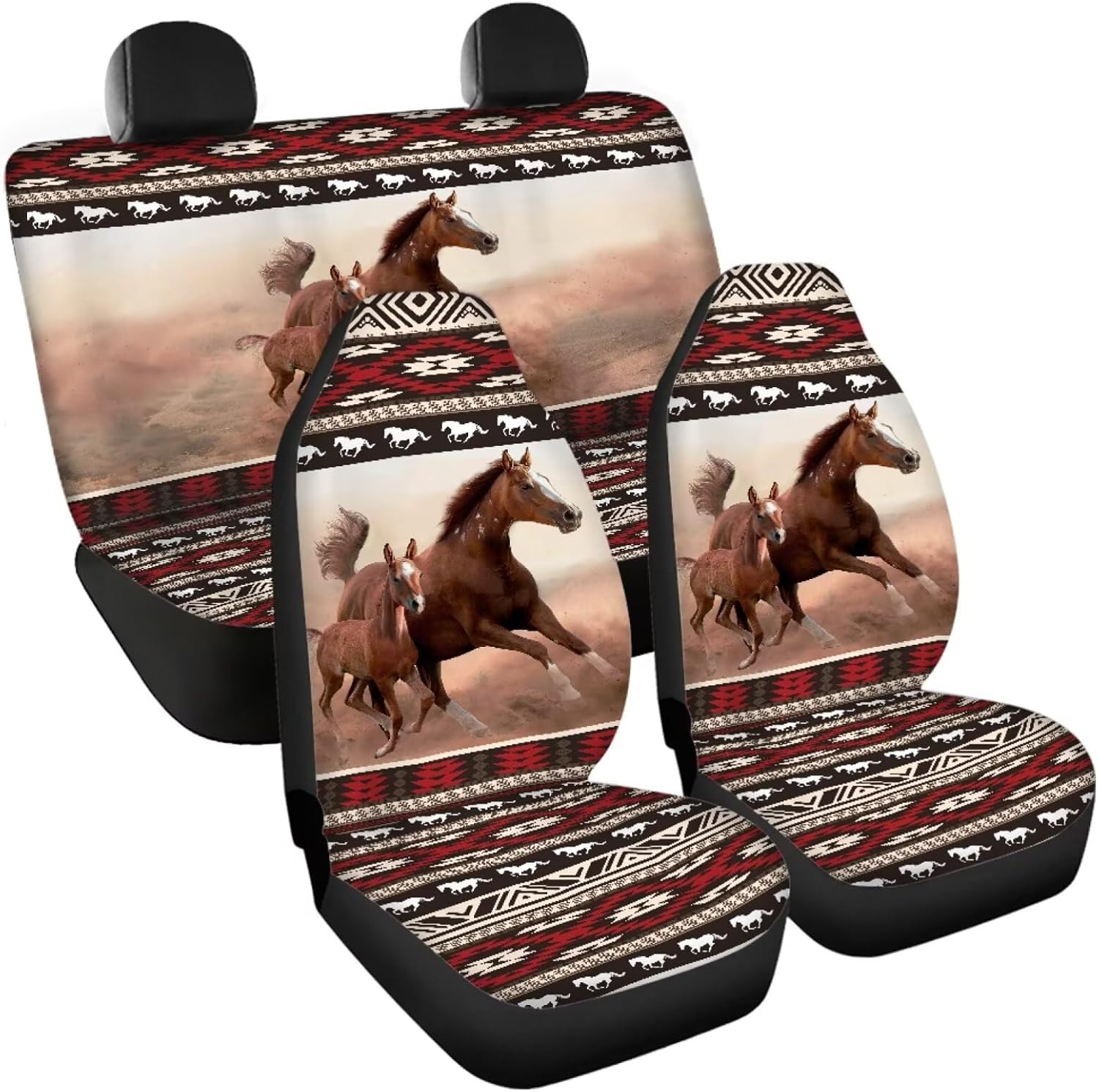 Pensura Car Front Rear Back Bench Seat Covers Southwestern Aztec Tribal Horse Universal Fit SUV Sedan Vans Trucks Softness Easy to Install Car Interior Accessories