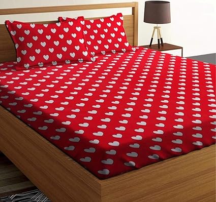 Home Trade Ashok Enterprises Designer 3D Love Heart Printed Polycotton Double Size Cotton Bedsheet with 2 Pillow Cover for Bedroom/Living Room (Red)