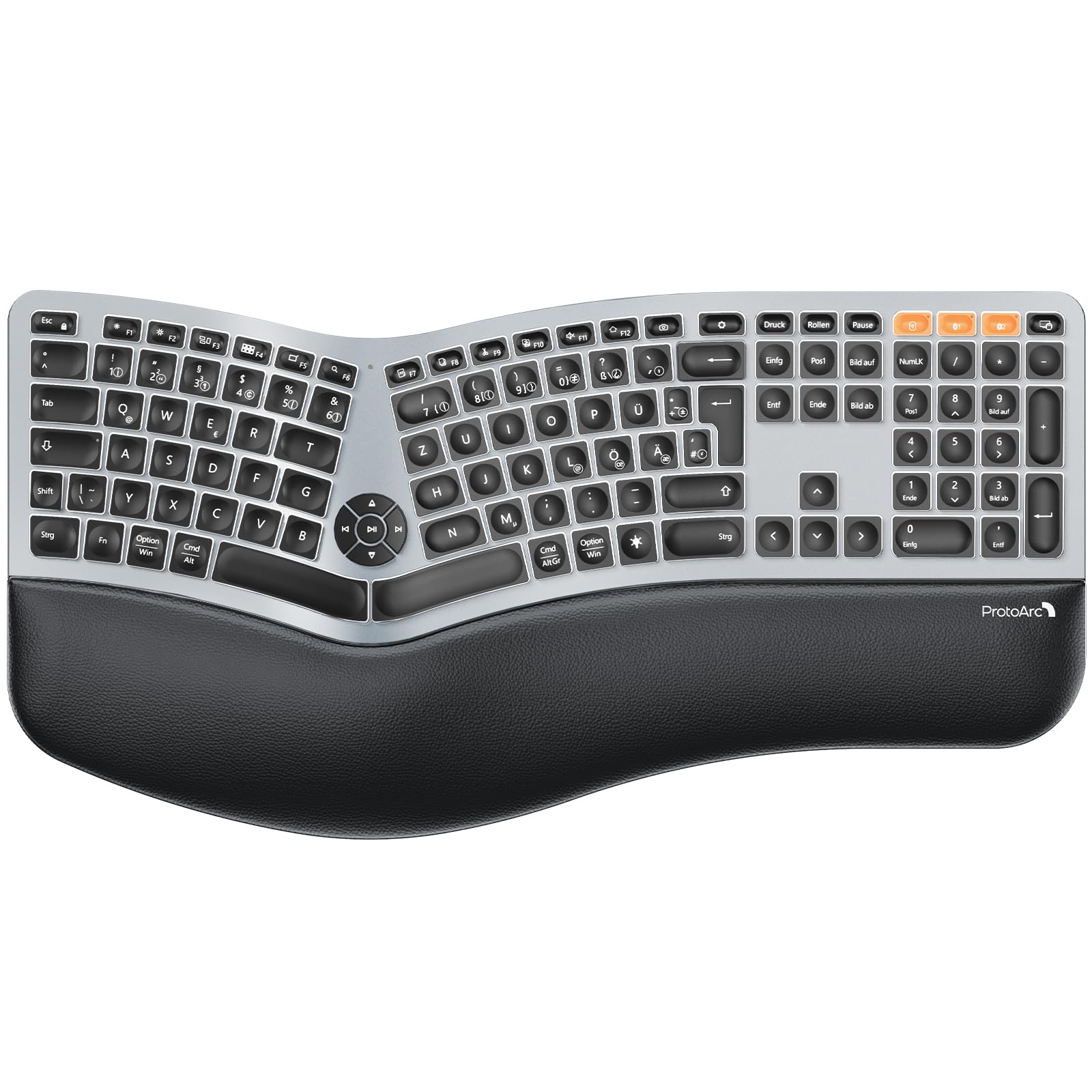 ProtoArc EK01 Plus Beleuchtet Ergonomische Tastatur Kabellos, Full Size | Split Wireless Keyboard mit Handballenauflage, Bluetooth und USB, Wiederaufladbar, für Windows/Mac/Android
