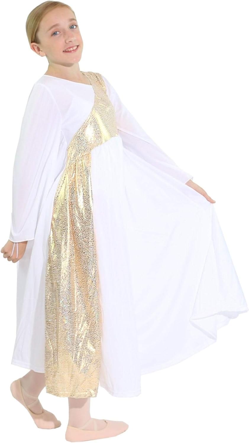 Danzcue Girls Shimmery Asymmetrical Bell Sleeve Dance Dress - Image 2