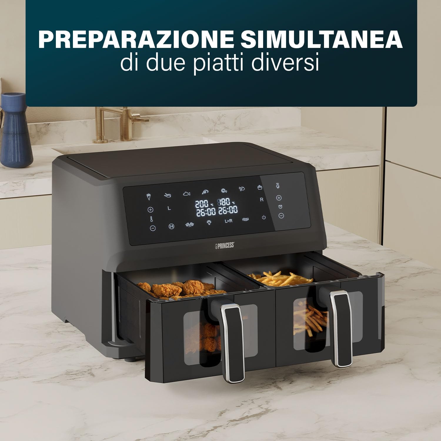 Friggitrice Princess senza olio con doppio cestello - 11 L - Senza BPA e PFAS - Fine cottura sincronizzato - 8 programmi - Finestra di visualizzazione - 2400 W - 182276, 2x5,5 L