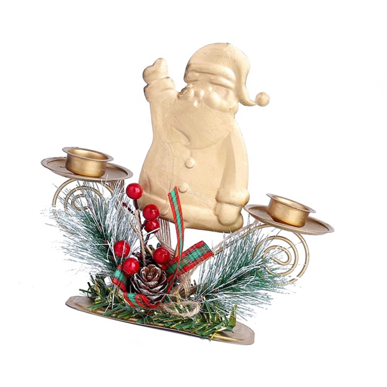 Jazuaiao Gold Christmas Double Holder with Pine Nut and Bowknot Decors Pillar Candlestick for Table Centerpieces Iron Candleholder
