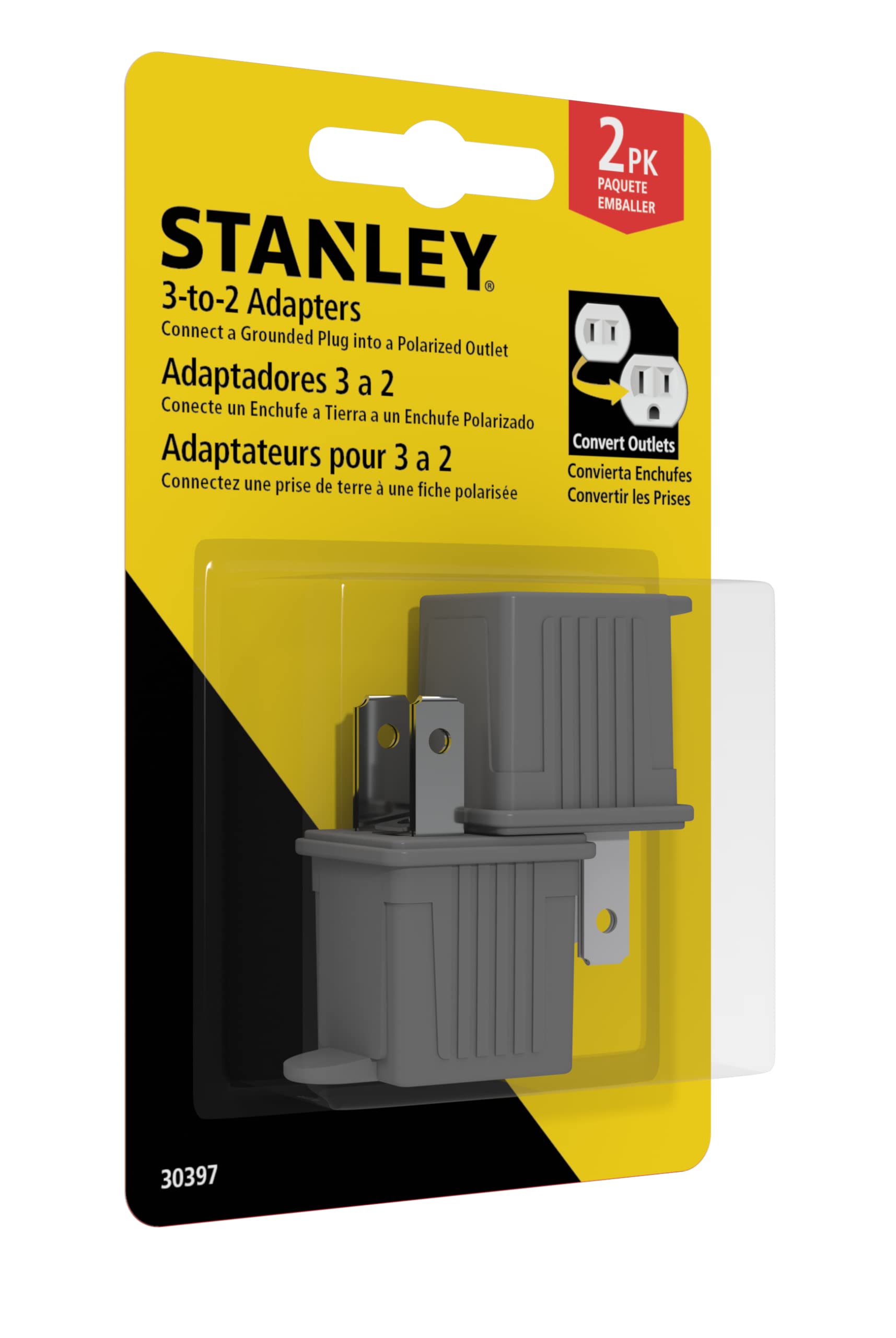 Stanley 30397 3 to 2 Adapter 2pk, Polarized to Grounded Single Outlet Converter, 2 Pack Grey