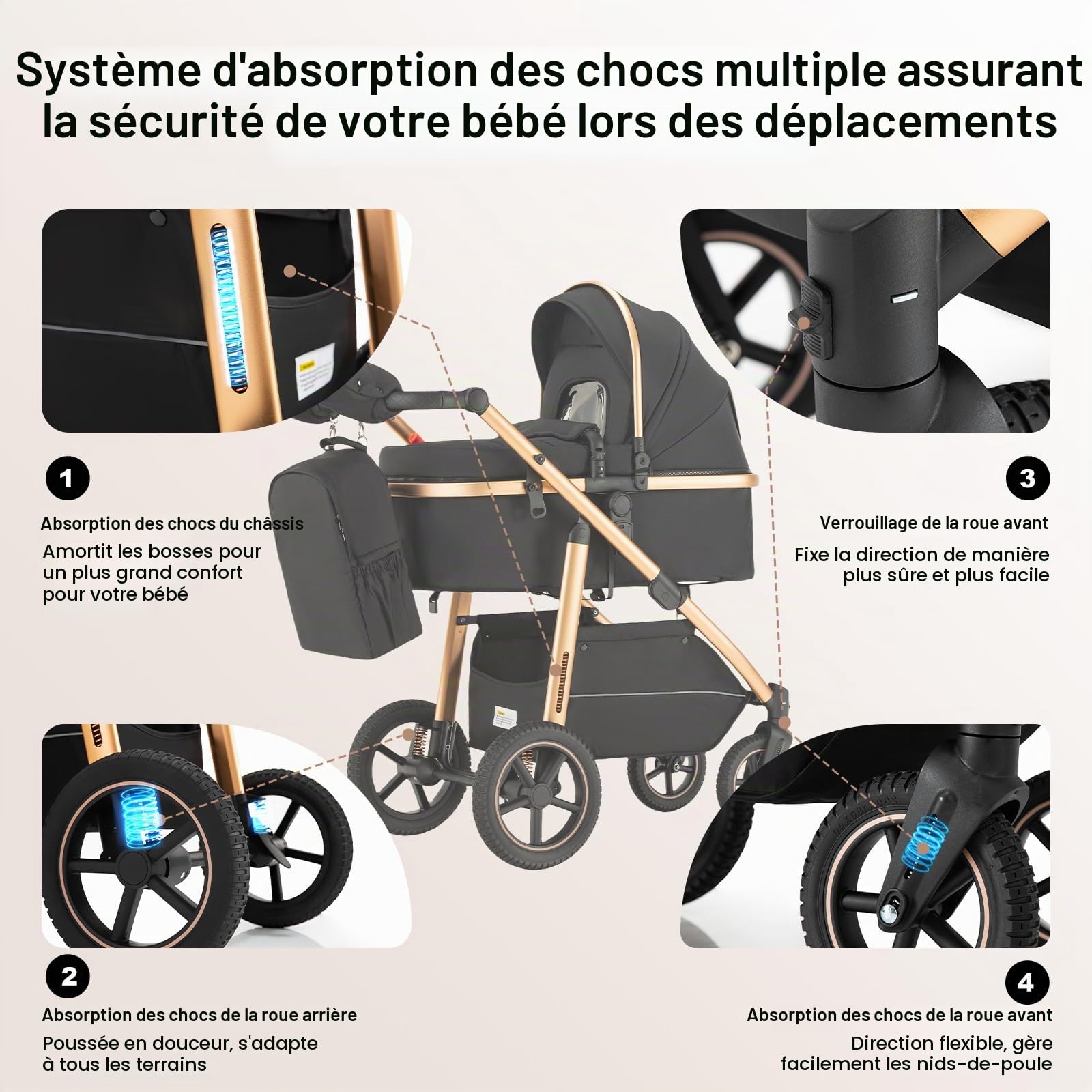 Zkipm Poussette 3 en 1 SystèMe de Voyage, Landau avec SièGe, Poussette pliable et modulable, Cadre en Alliage D'Aluminium, Adapté aux BéBéS de 0 à 4 Ans