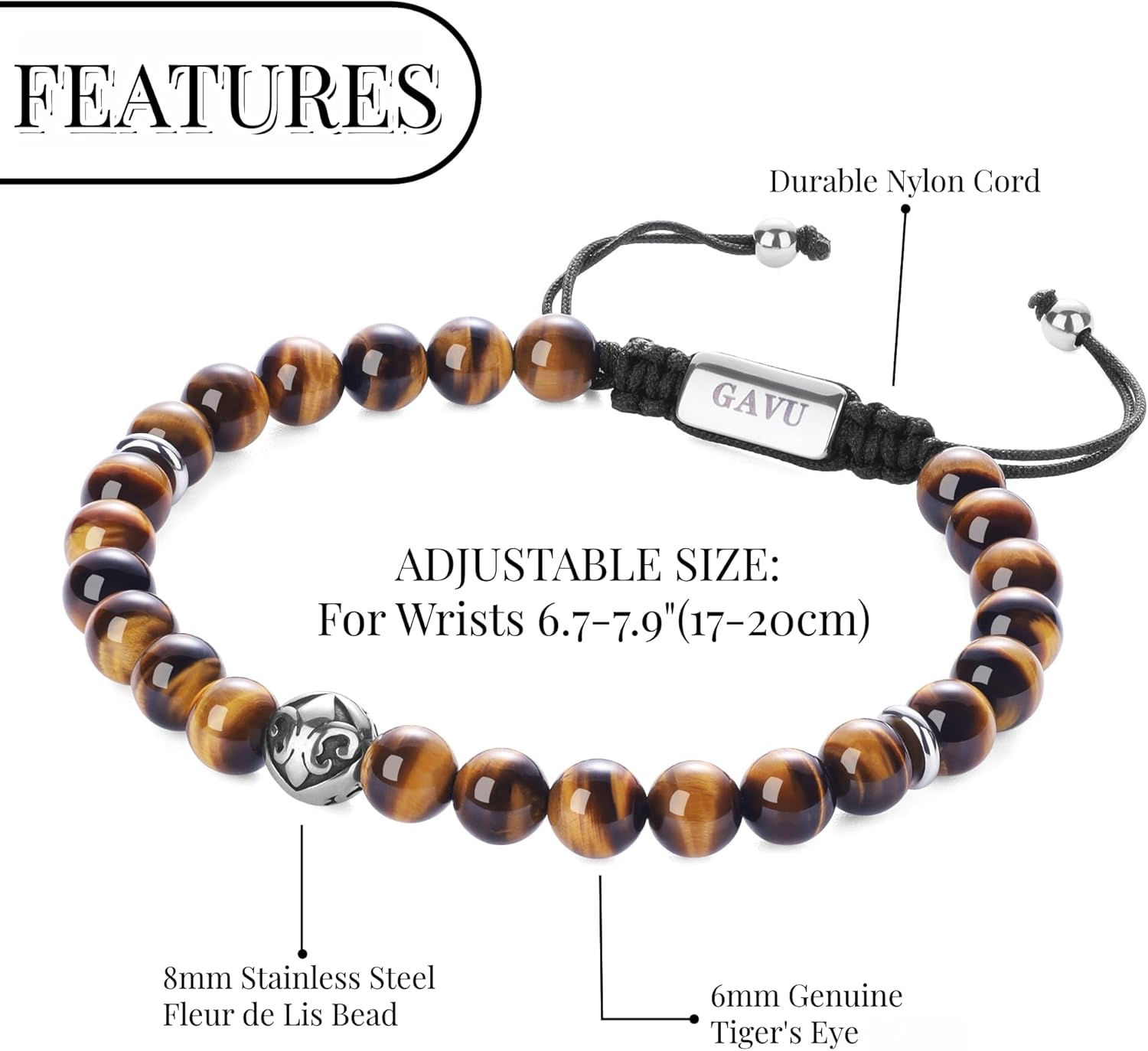 GAVU Beaded Bracelet for Men, Adjustable Crystal Bracelet for Men, 6mm Azurite/Tiger Eye/Lava - Image 3