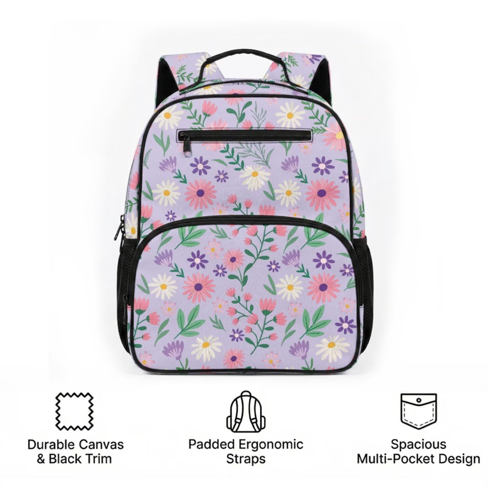 COEQINE Mochila personalizada para niños de 6 a 7 años con fiambrera, mochila escolar preescolar para niñas de 4 a 5 años, Flor morada mixta floral, M, Diseñador
