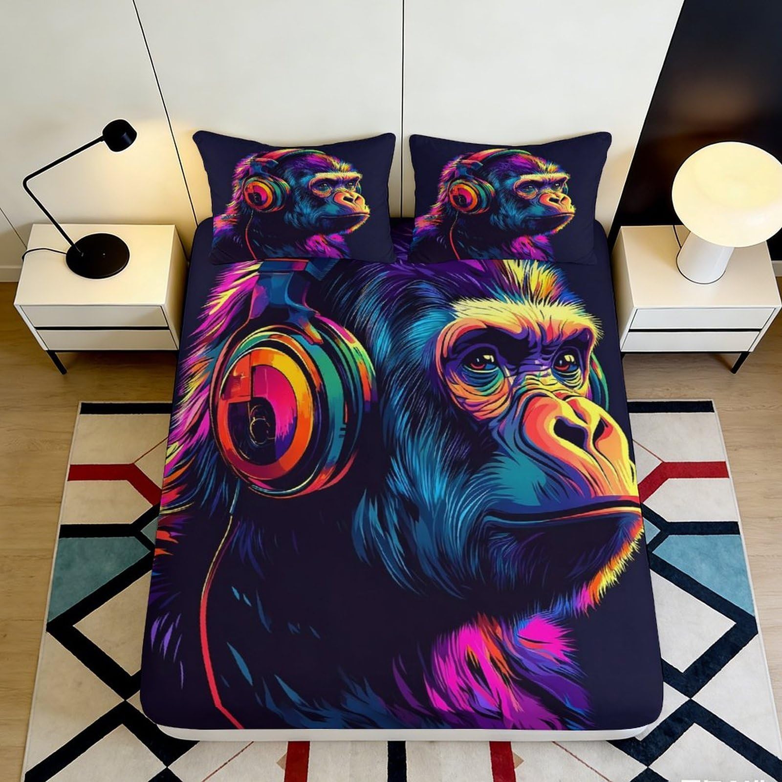 3D Printed Colorful Gorilla Fitted Sheet Microfiber Soft Breathable Headphone Mattress Cover for Bedroom Dorm Decor 160x200x25cm