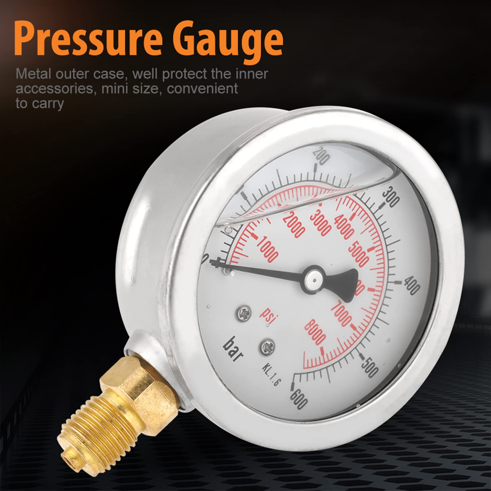 Manometro per pressione dell'acqua, manometro per prova di pressione dell'acqua con filettatura G1/4", manometro a liquido da 0-8500 PSI, manometro idraulico con montaggio inferiore, quadrante da 63