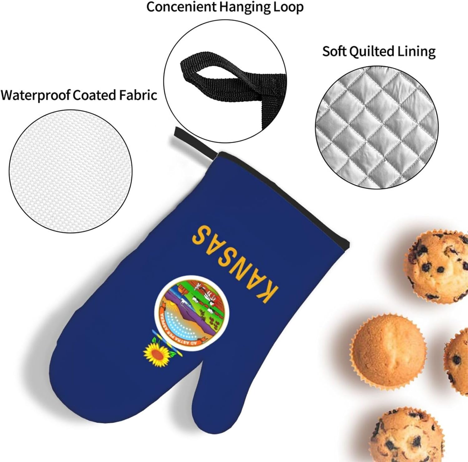 Kansas State Flag Kitchen baking three piece set/oven gloves, fit for cooking, baking, steaming, and grilling