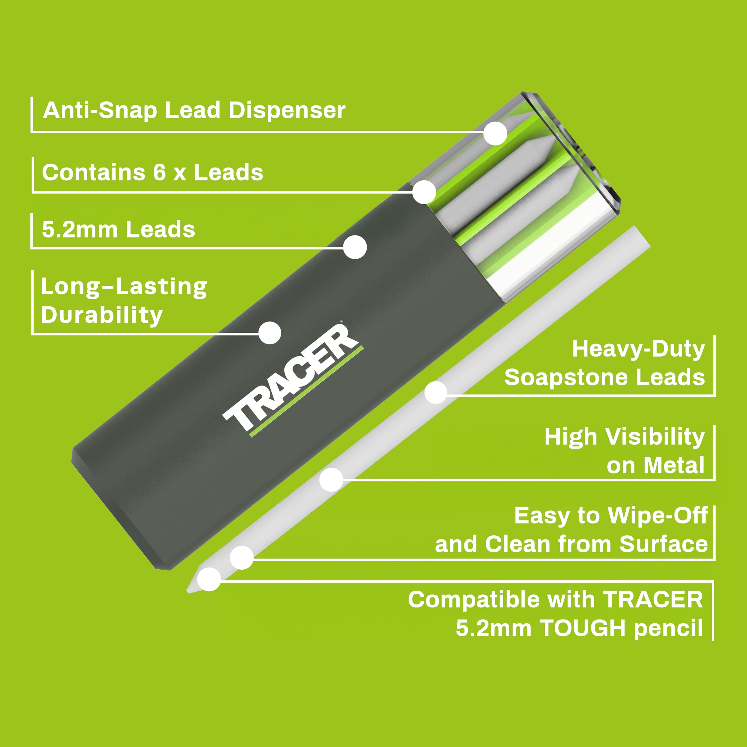Tracer 5.2mm Soapstone Replacement Leads x 6 for use with the Tough Pencil. Pencil Lead pack and Storage Case - Image 2