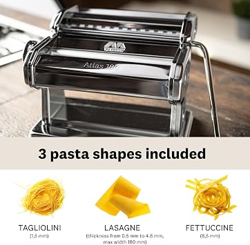 MARCATO Made in Italy Atlas 180 Classic Manual Pasta Machine, Chrome Steel. Makes Lasagne, Fettuccine & Tagliolini.