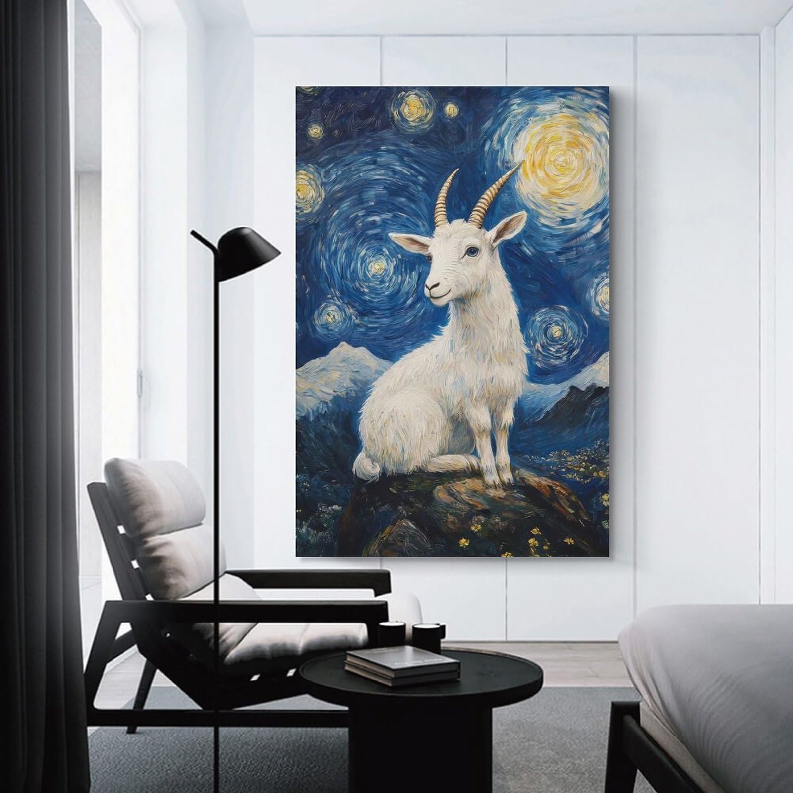 Junmoney Unframe-Style-7 Goat Under Starry Night Home Decor Wall Art, 20X30inch(50X75cm), For Apartment Walls, Studios Or Work Areas, Decorative Canvas Decor For Home Updates