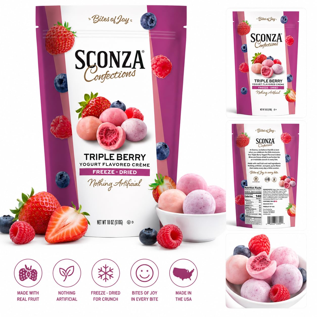 Sconza Triple Berry Freeze-Dried Berries Covered in Yogurt Flavored Crème, Strawberry Blueberry Raspberry Candy Snack, Resealable Bag, 18 oz thumbnail 6
