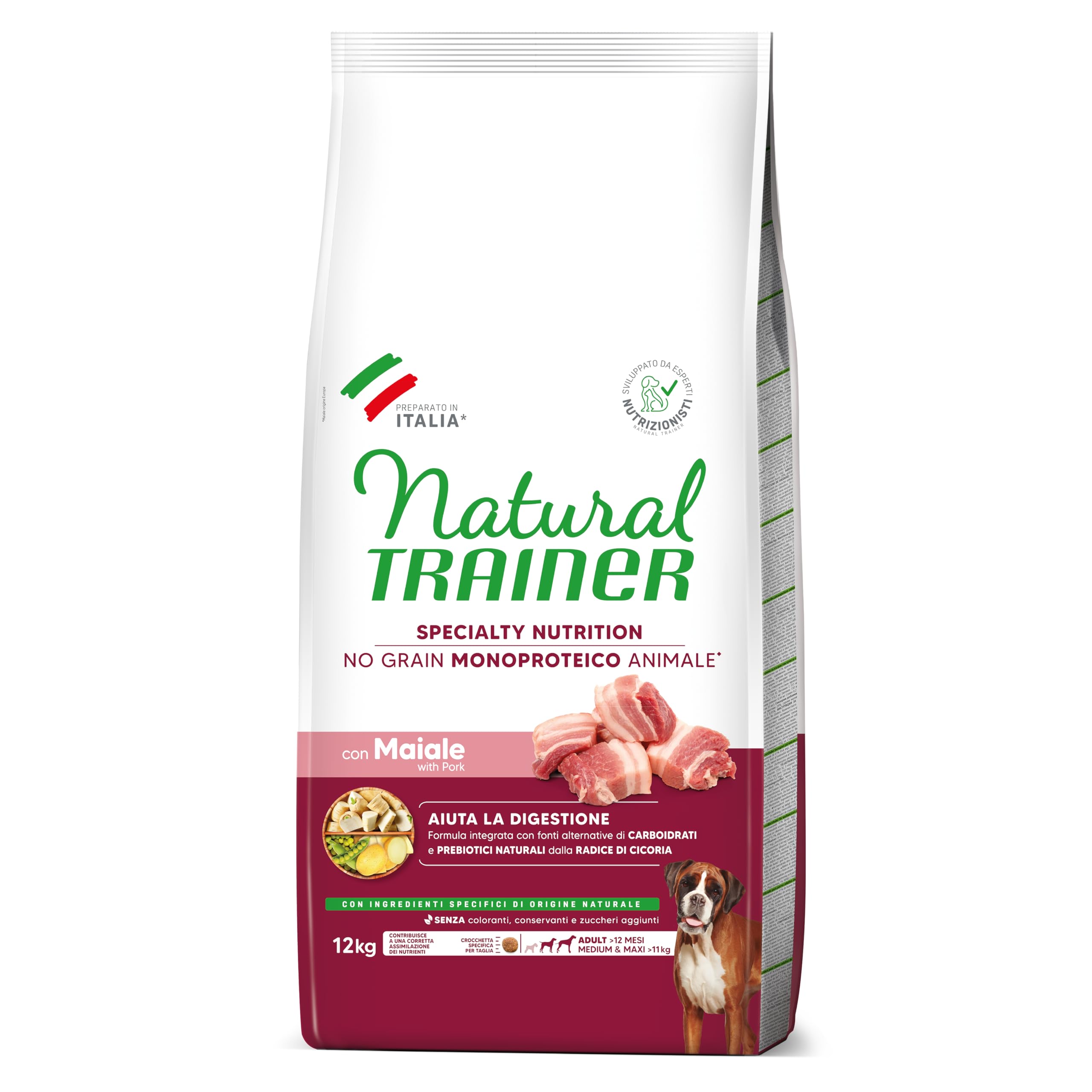 Natural Trainer Sensitive No Grain Monoproteico Animale - Cibo per a Cani Medium&Maxi Adult con Maiale e Patate - 12 Kg