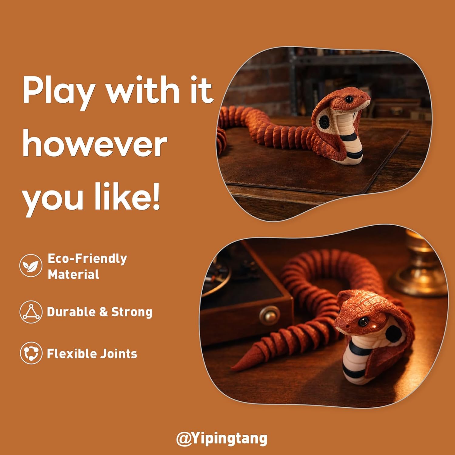 Yipintang 3D Printed Articulated Cobra Snake, 13.8-Inch Flexible Jointed Snake Figure, Realistic Serpent Desk Decor, Fidget Toy & Gift