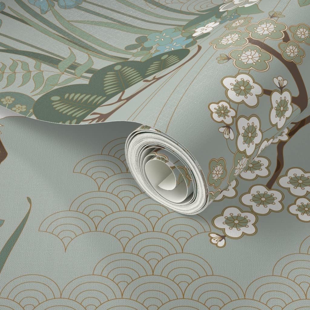 Spoonflower Peel & Stick Wallpaper 9ft x 2ft - Japanese Garden Florals Birds Cranes Asian Sage Cherry Blossom Custom Removable Wallpaper