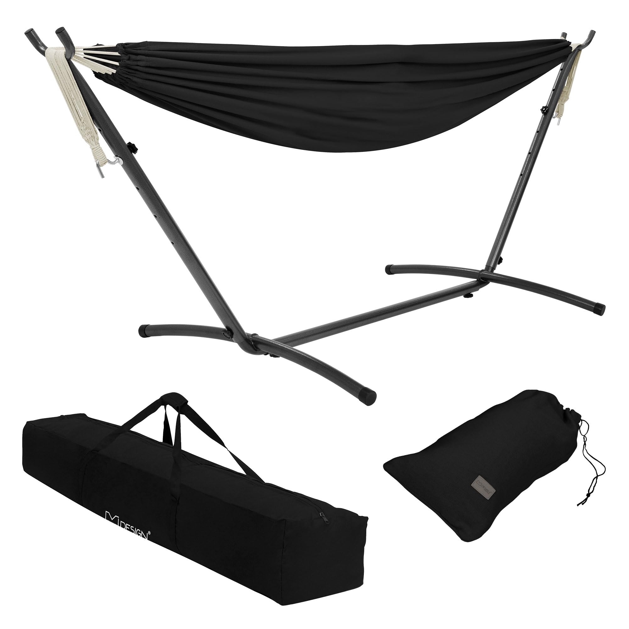 ML Design Amaca Doppia in Poliestere e Cotone Nero 275 x 110 x 98 cm con Supporto in Acciaio Spazio per 2 Persone Sedia Sospesa XXL Portatile con Borsa per Trasporto e Sacchetto Amache da Giardino