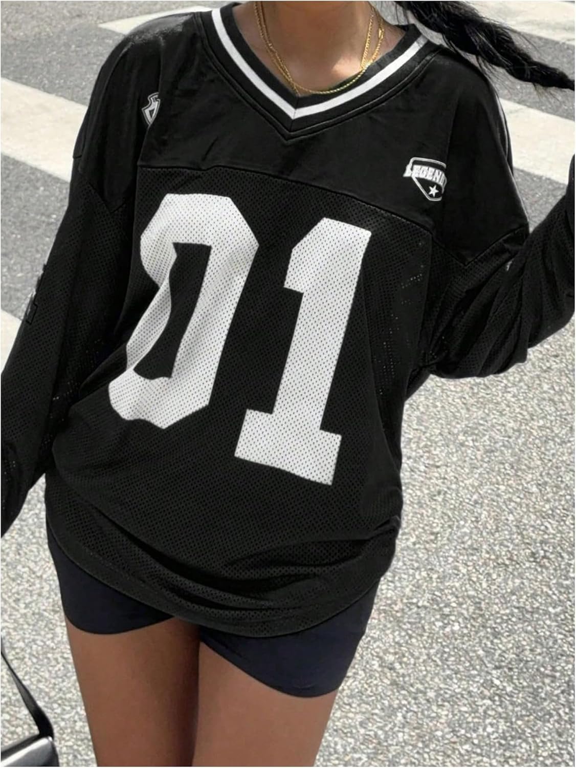 Milumia Women's Mesh Oversized Long Sleeve Jersey Shirt Y2k Number Graphic Tees Blokette T Shirt Top Streetwear - Image 5