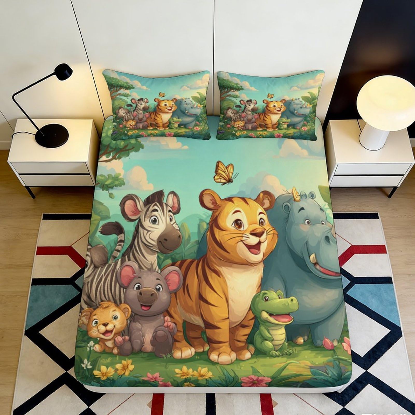 3D Printed Jungle Animal Fitted Sheet Microfiber Soft Non-slip Cartoon Safari Mattress Cover for Bedroom Guestroom Decor 90x200x25cm
