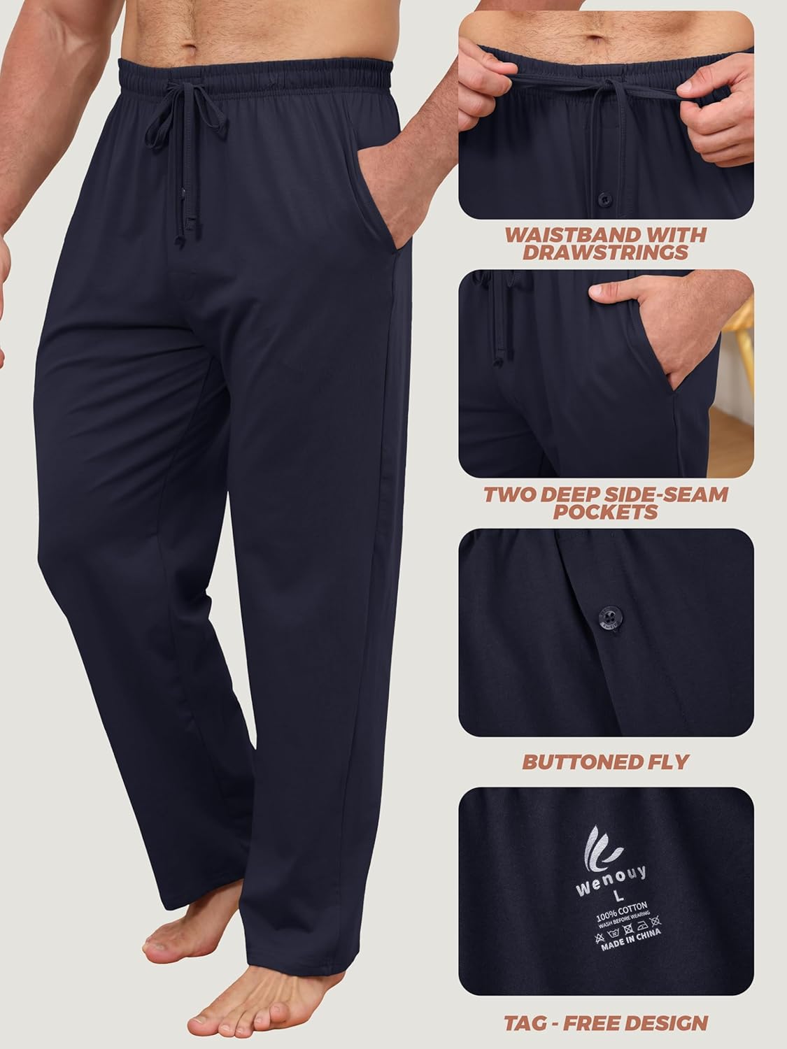 3 Pack Men's Cotton Pajama Pants Soft Pjs Lounge Bottoms with Pockets & Elastic Waist Sleepwear for Men - Image 3