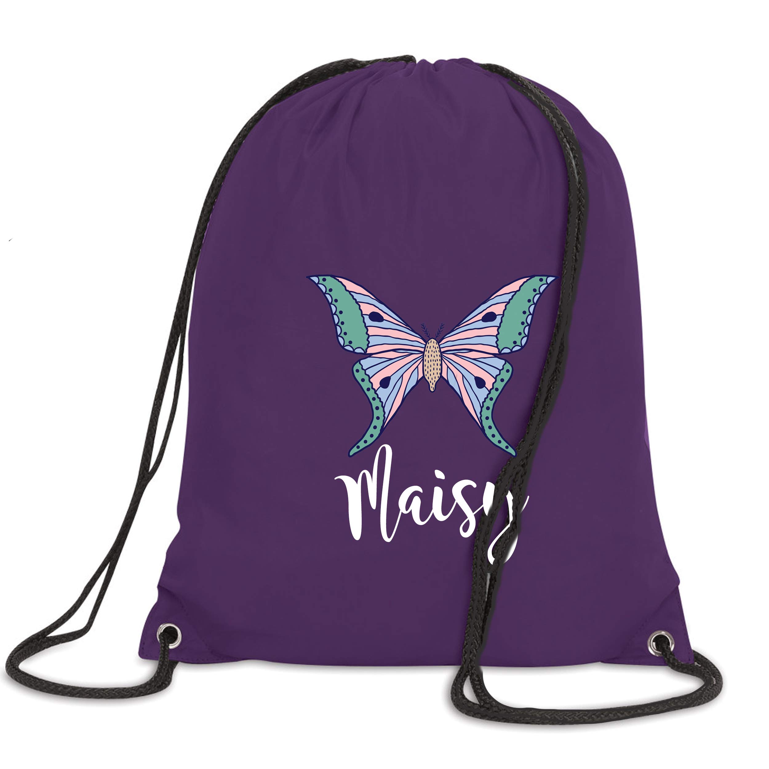 Girls Butterfly Personalised Drawstring Bag - Personalised Back to School Bags for School Girl - Girly School PE Kit Dancing, Purple, One Size