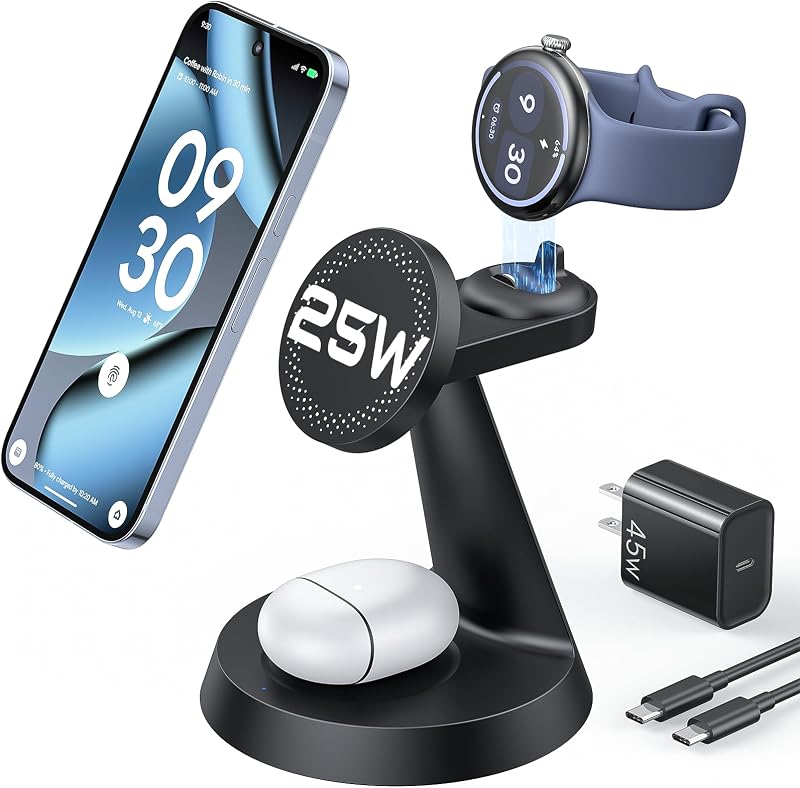 25W Fast 3-in-1 Wireless Charging Station for Google Pixel Watch 4 | Not for Google Watch 1/2/3, 25W Magnetic Charging for Pixel 10 Pro XL & Buds, Mag-Safe Charger Stand with 45W Adapter