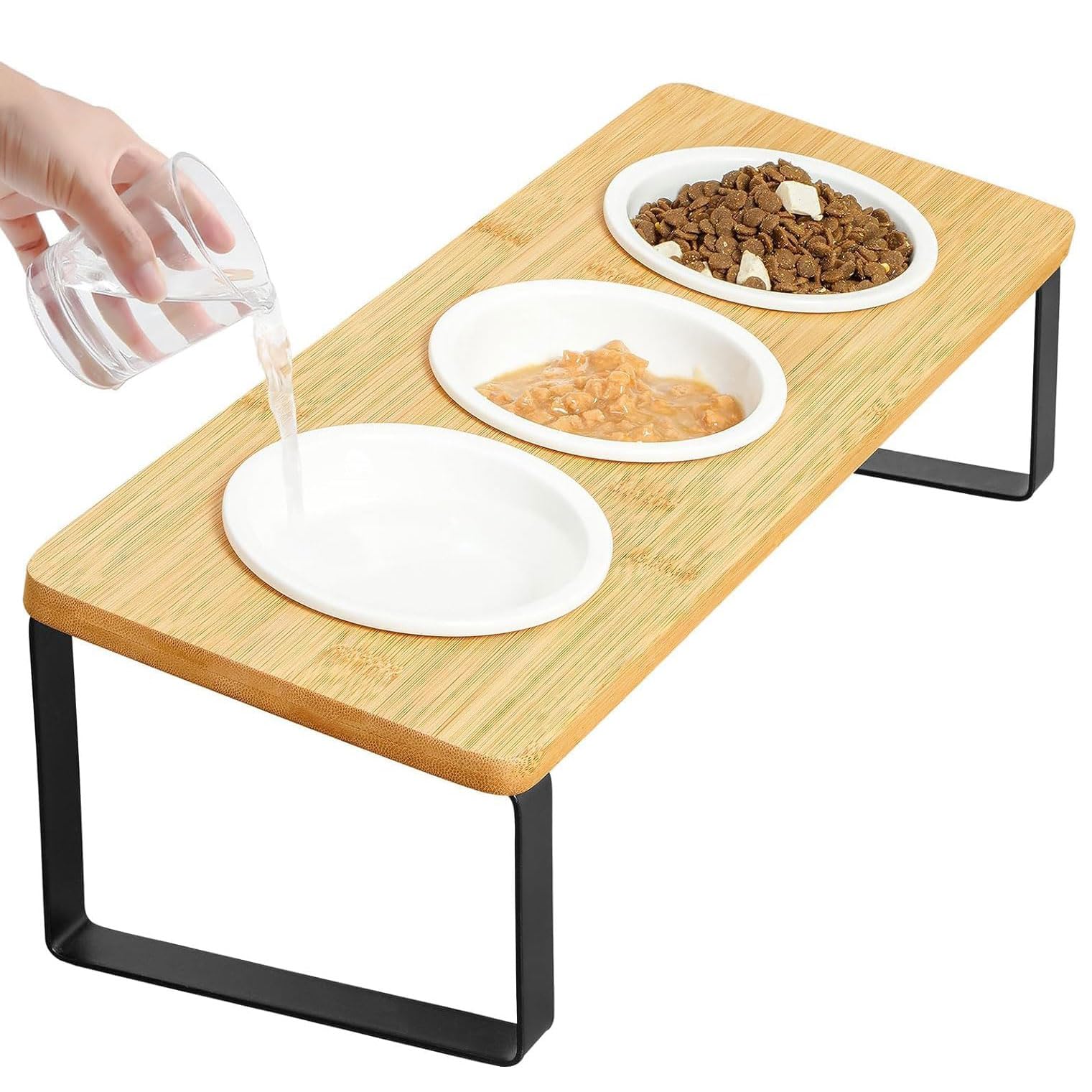 LUCKY-D Raised Cat Food Water Bowl Elevated Tilted Cat Dishes Set of 3 Ceramic Dish for Indoor Cats Orthopedic Pet Food Stand Anti Vomiting 3 Bowl Cat Feeder Easy Assembly