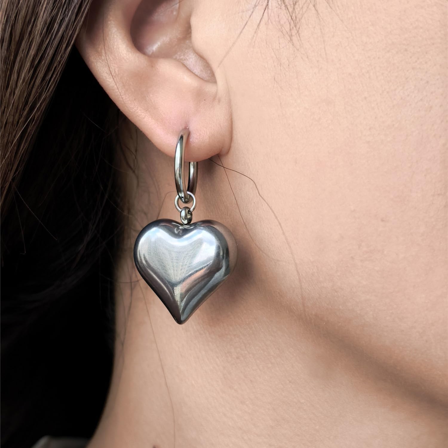 Stainless Steel Puffy Heart Drop Dangle Huggie Earring for Women Big Love Charm Hoop Earrings for Lover - Image 2