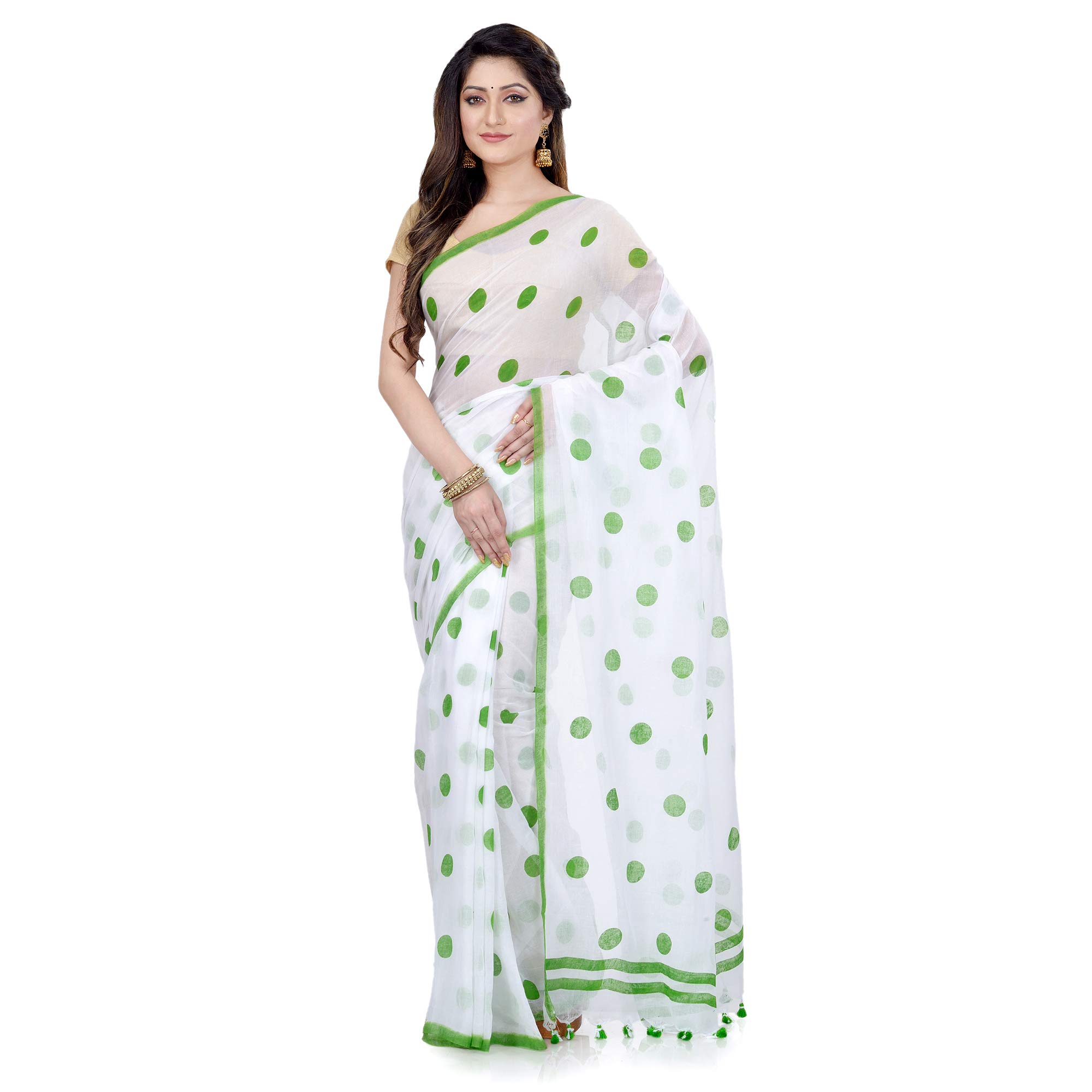 dB DESH BIDESHWomen`s Traditional Soft Mulmul Bengal Handloom Pure Cotton Saree Without Blouse Piece