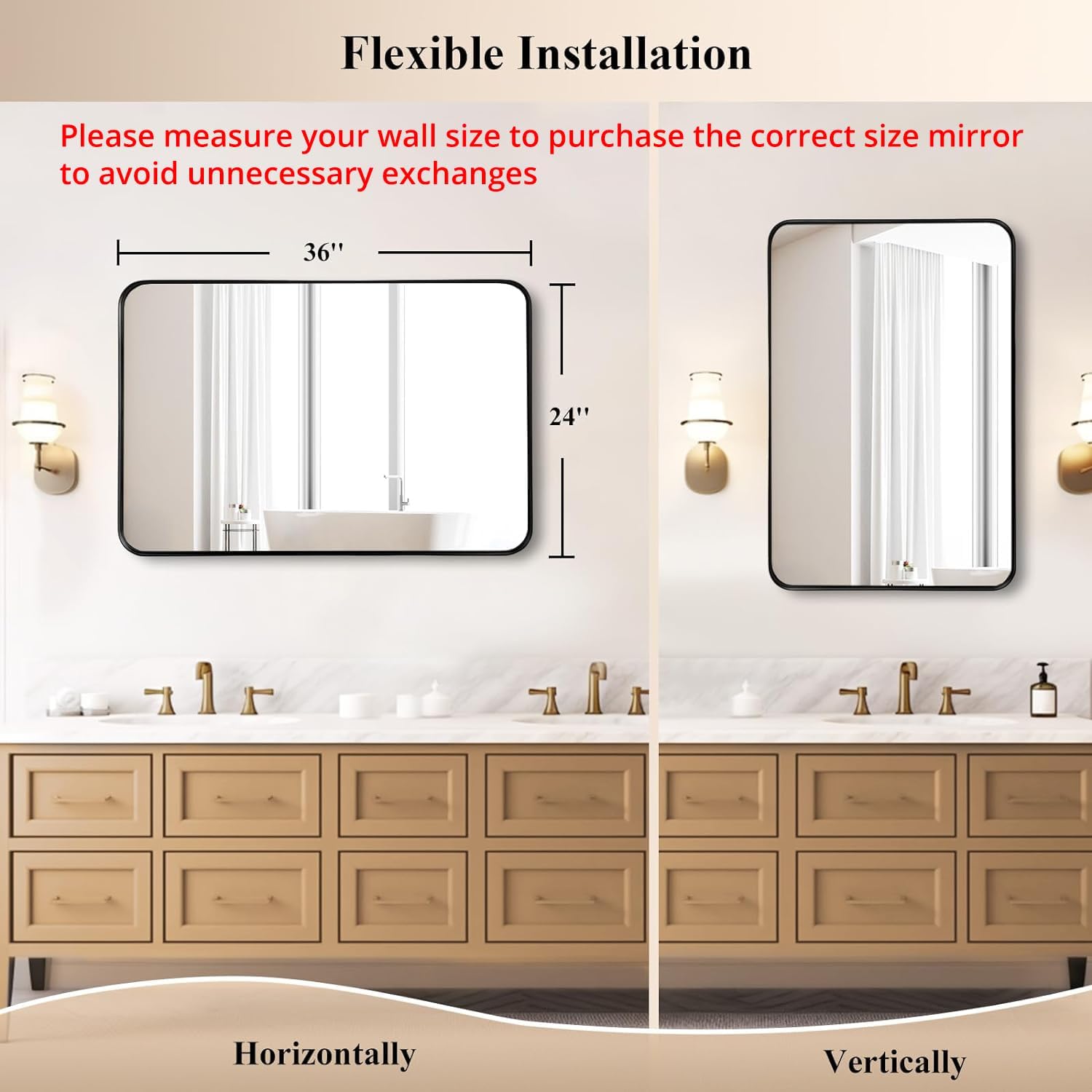 Fabuday Bathroom Mirrors Over Sink 2 Pack- 36x24 Inch Black Matte Framed Mirrors Wall Mounted, Large Rectangle Vanity Mirror Metal Frame for Bathroom Double Sink, Farmhouse, Bedroom, Restroom - Image 3
