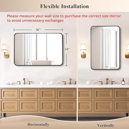 Miniatura 2 de Fabuday Espejo de baño negro de 24 x 36 pulgadas, espejo de pared rectangular con marco mate, espejo de esquina redonda, modernos y grandes espejos