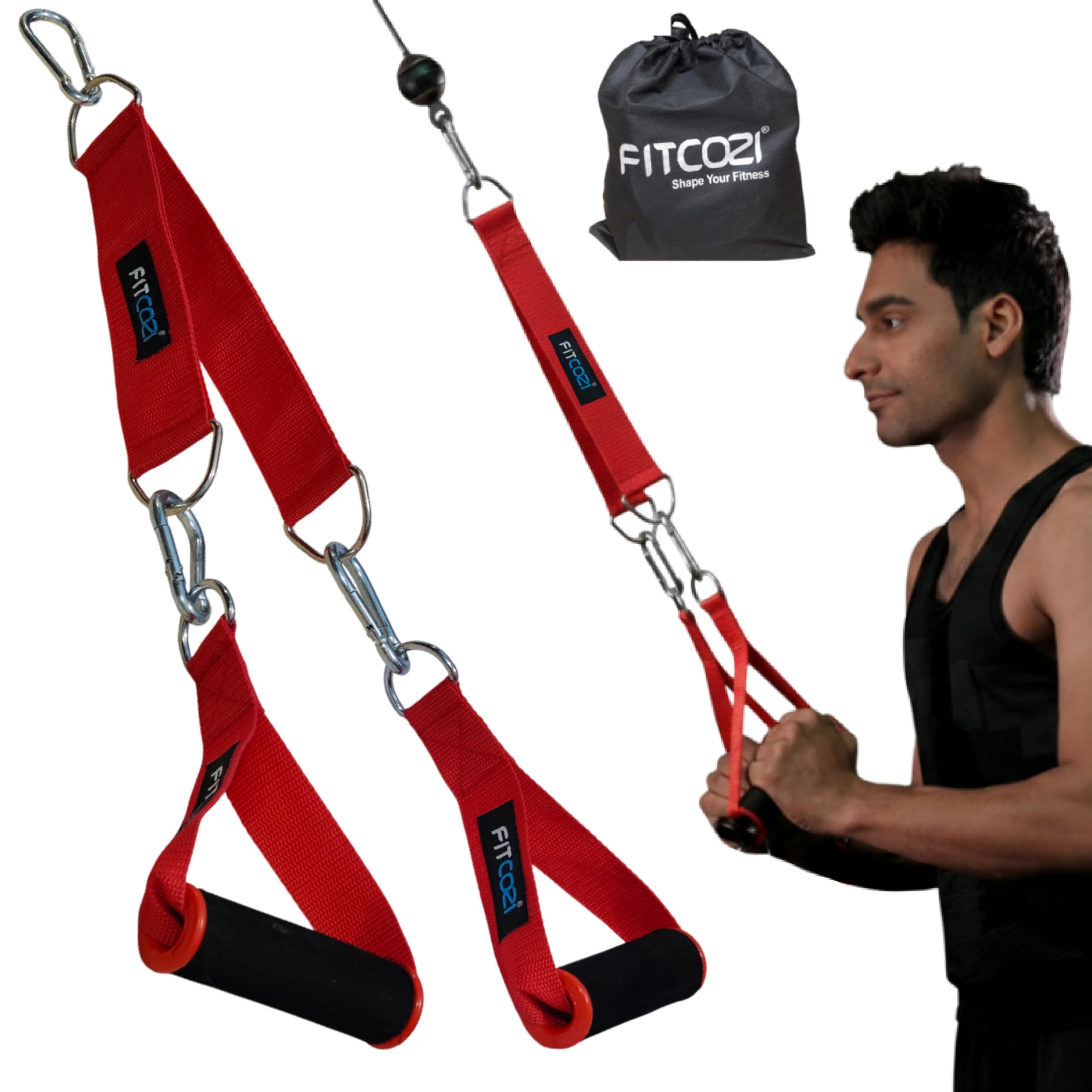 Fitcozi Cable Attachments for Gym – Heavy Duty Cable Machine RED Handles with Carabiner Hook & Tricep Strap | Home Gym, Crossfit & Strength Training Accessories-image-38