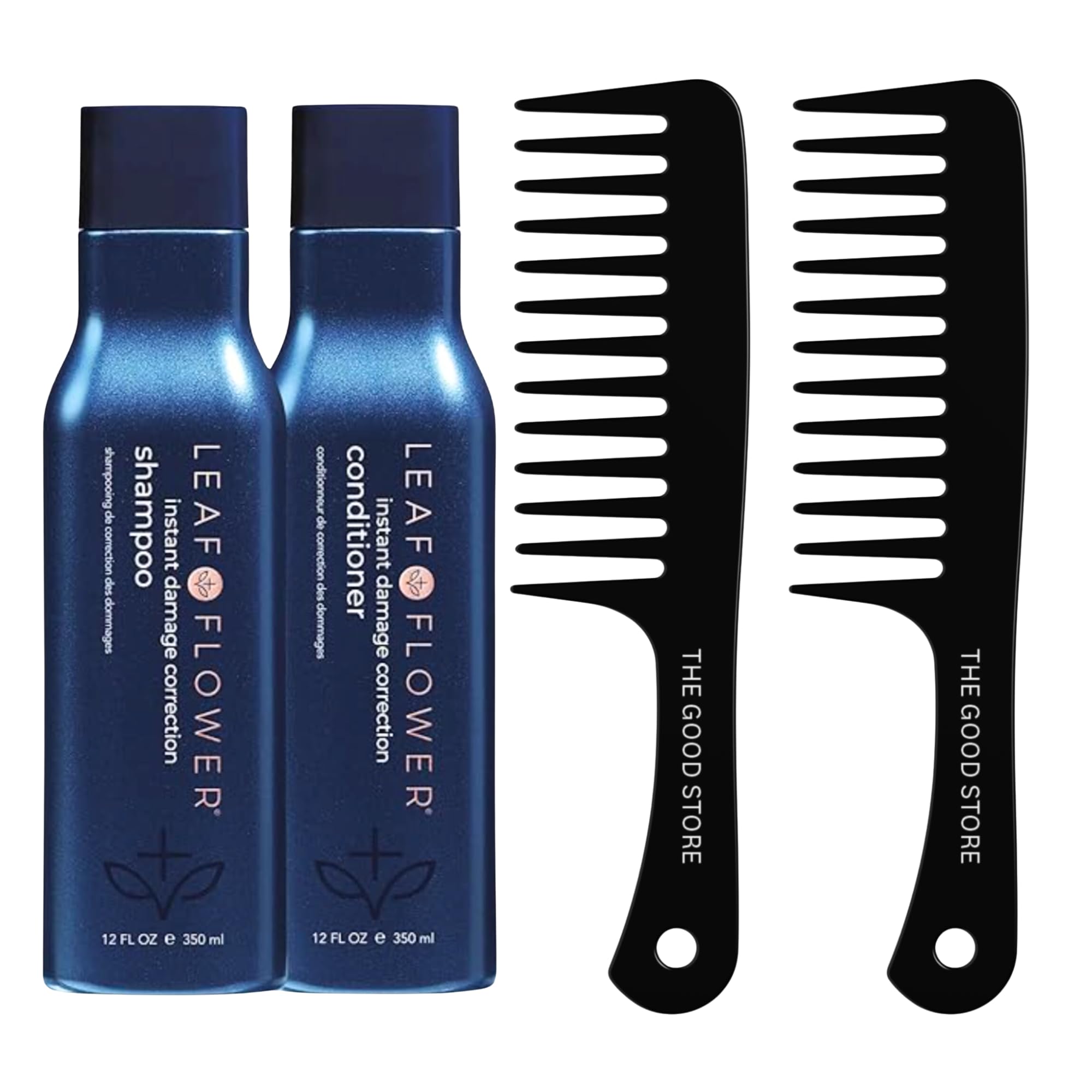 The Good Store Black Hair Comb & Leaf Flower Instant Damage Correction Shampoo & Conditioner 12 oz Duo, Blue, Navy