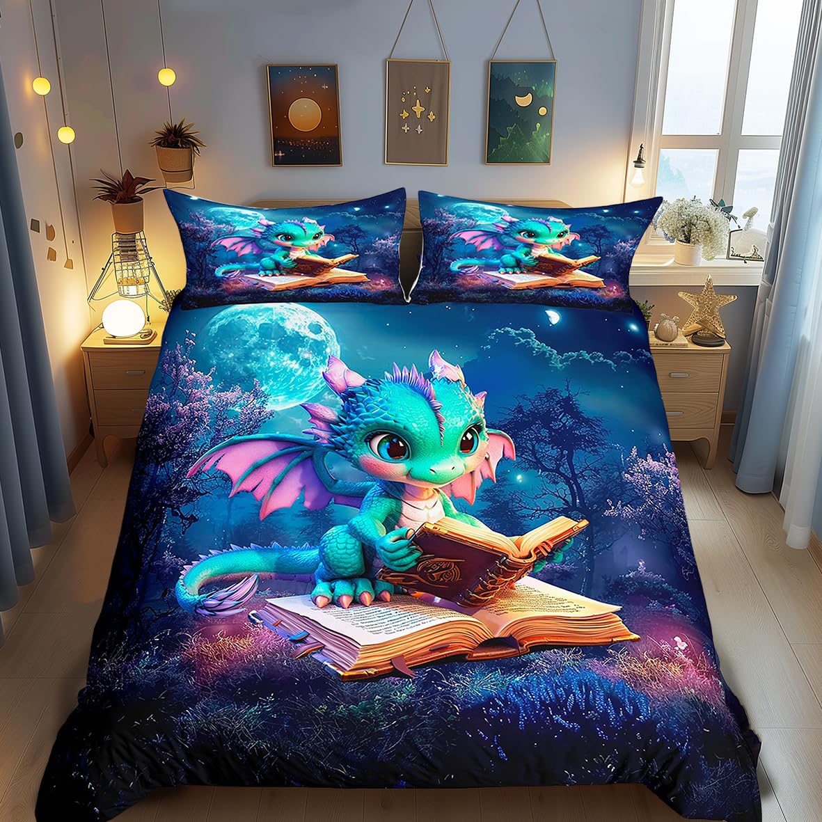 Cartoon Dragon Duvet Cover Set Twin Size Magic Jungle Night Bedding Set 2pcs for Kids Teens Room Decor Cute Dragon Books Comforter Cover Starry Moon Sky Quilt Cover,1 Pillowcase(No Comforter)