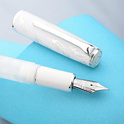 Miniatura 5 de Hongdian N8 - Pluma estilográfica de resina acrílica blanca, punta fina de iridio chapada en plata, pluma de escritura suave con convertidor y juego