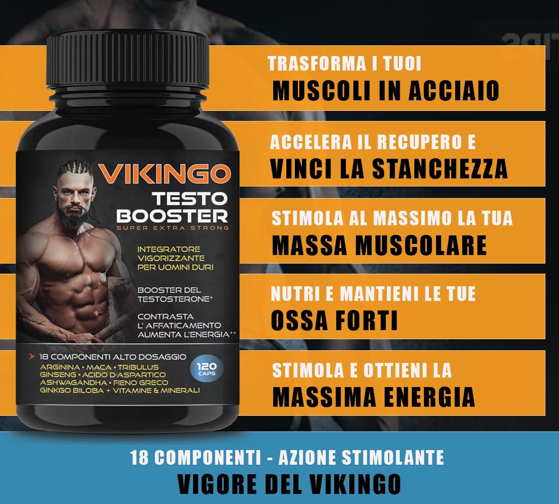 Testosterone Uomo, Massa Muscolare, VIKINGO 120 Testosterone Booster Stimolante Uomo - Integratore Energia con Maca, Tribulus, Ashwagandha, Arginina, Ginkgo Biloba, Fieno Greco, Vitamine e Minerali