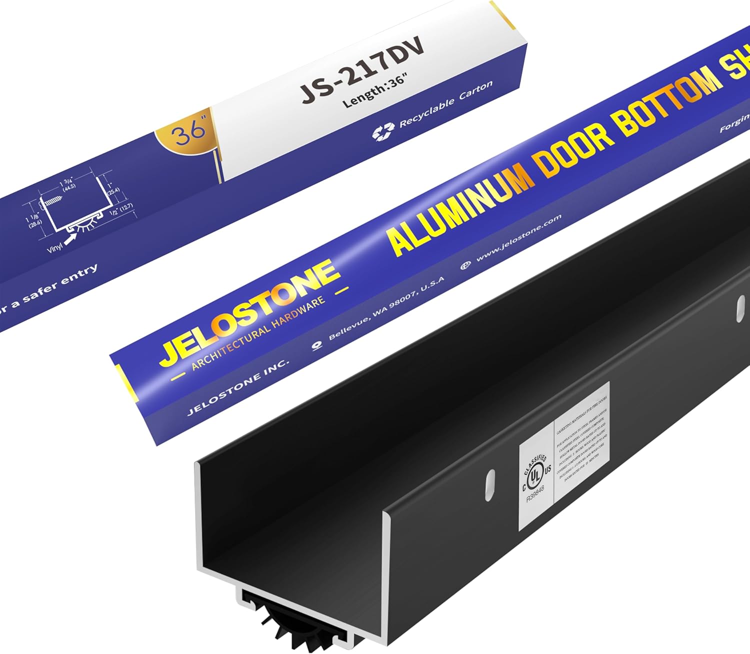 U-Shaped Aluminum Door Bottom Shoes(Matte Black) - Fire Rated - 1-3/4"W x 1-1/8"H x 36" L Weather Stripping Seal for Exterior Doors, Vinyl Insert, JS-217DV Matte Black 1-3/4"W x 1-1/8"H x 36"L