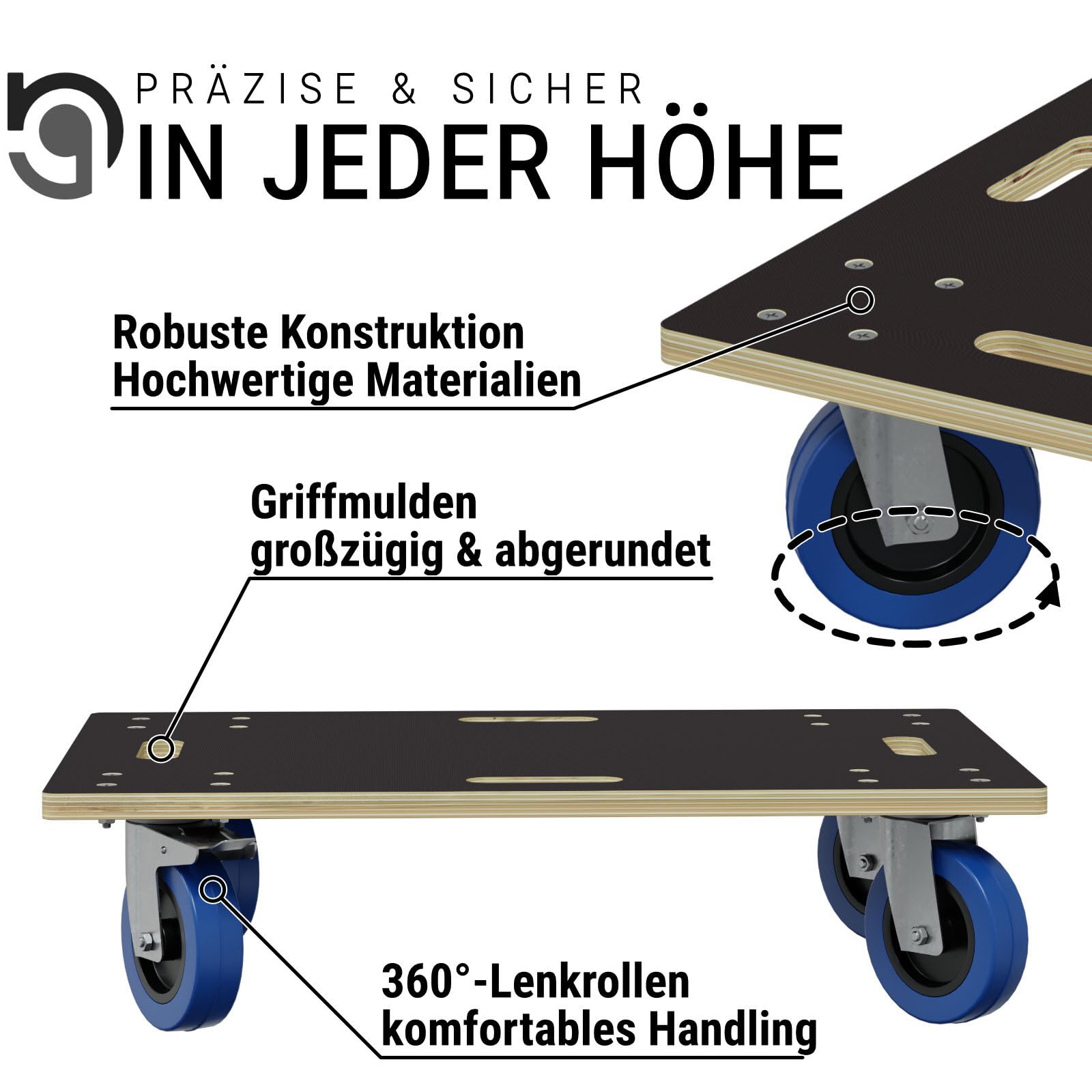 HAGO Lot de 24 roulettes pour meubles avec frein de 40 x 60 cm - Planche à roulettes robuste jusqu'à 800 kg - Chariot de transport pour meubles avec poignées encastrées - Chariot de qualité supérieure
