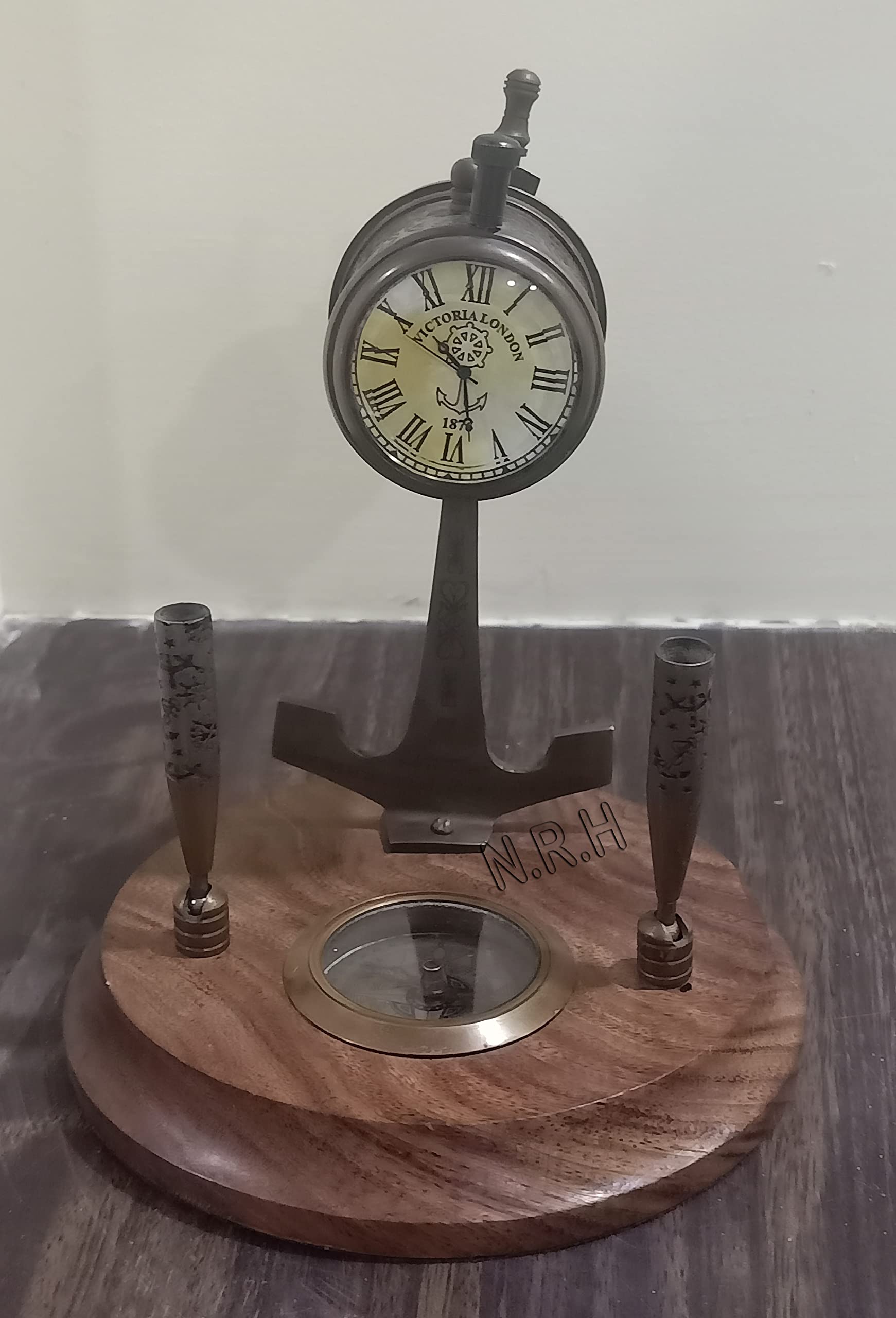 Nautical Brass Telegraph Table Top Clock with Pen Holder on Brown Wooden Base Home/Office Decorative