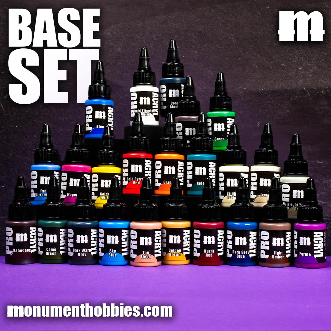 Monument Hobbies Pro Acryl Base Set di vernici acriliche per modelli in plastica - Pittura in miniatura, tappo senza intasamento, viene caricato con agitatore di vetro