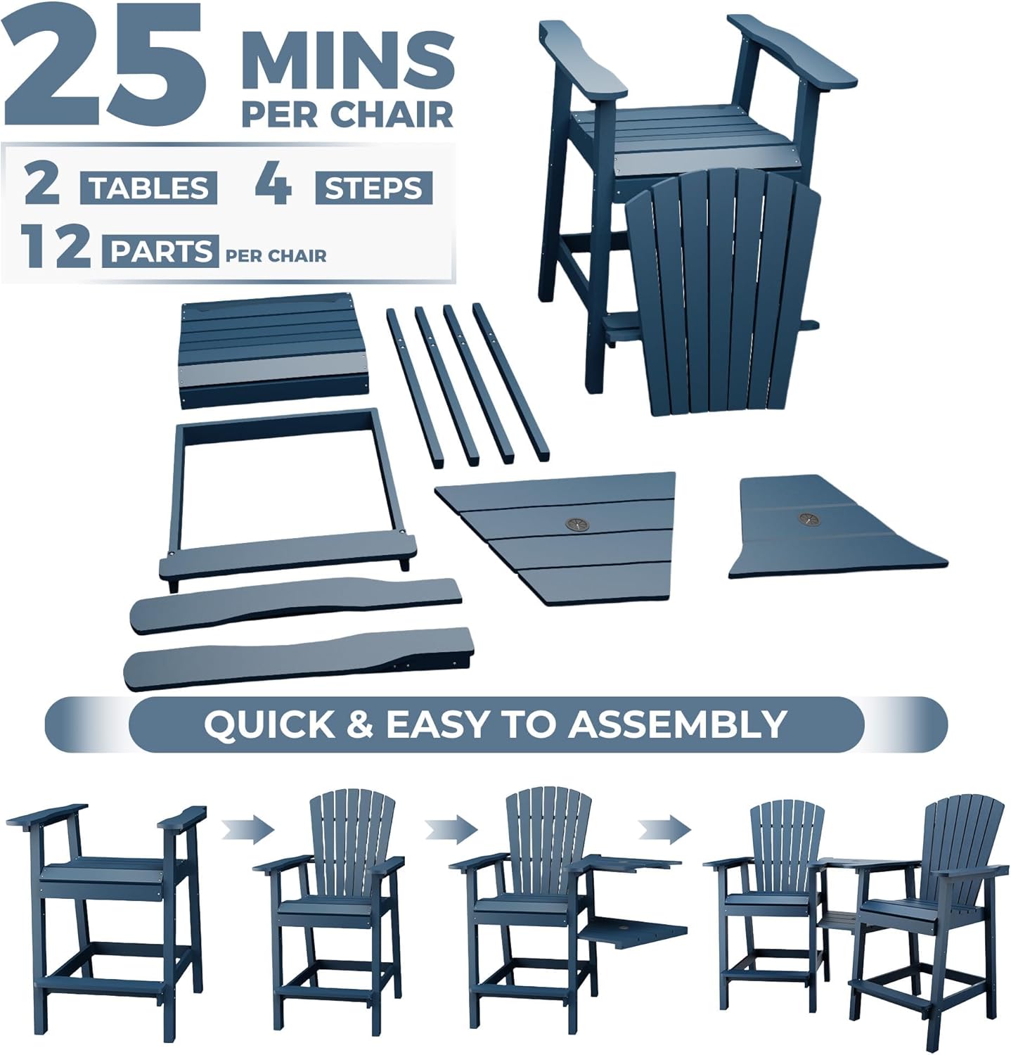 Outdoor Recycled Poly Adirondack Barstools with Connecting Tray, Tall Adirondack Chairs Bar Chairs for Deck, Balcony, Backyard, Patio Bar Stool Chair with High Back Weather Resistant Set of 2