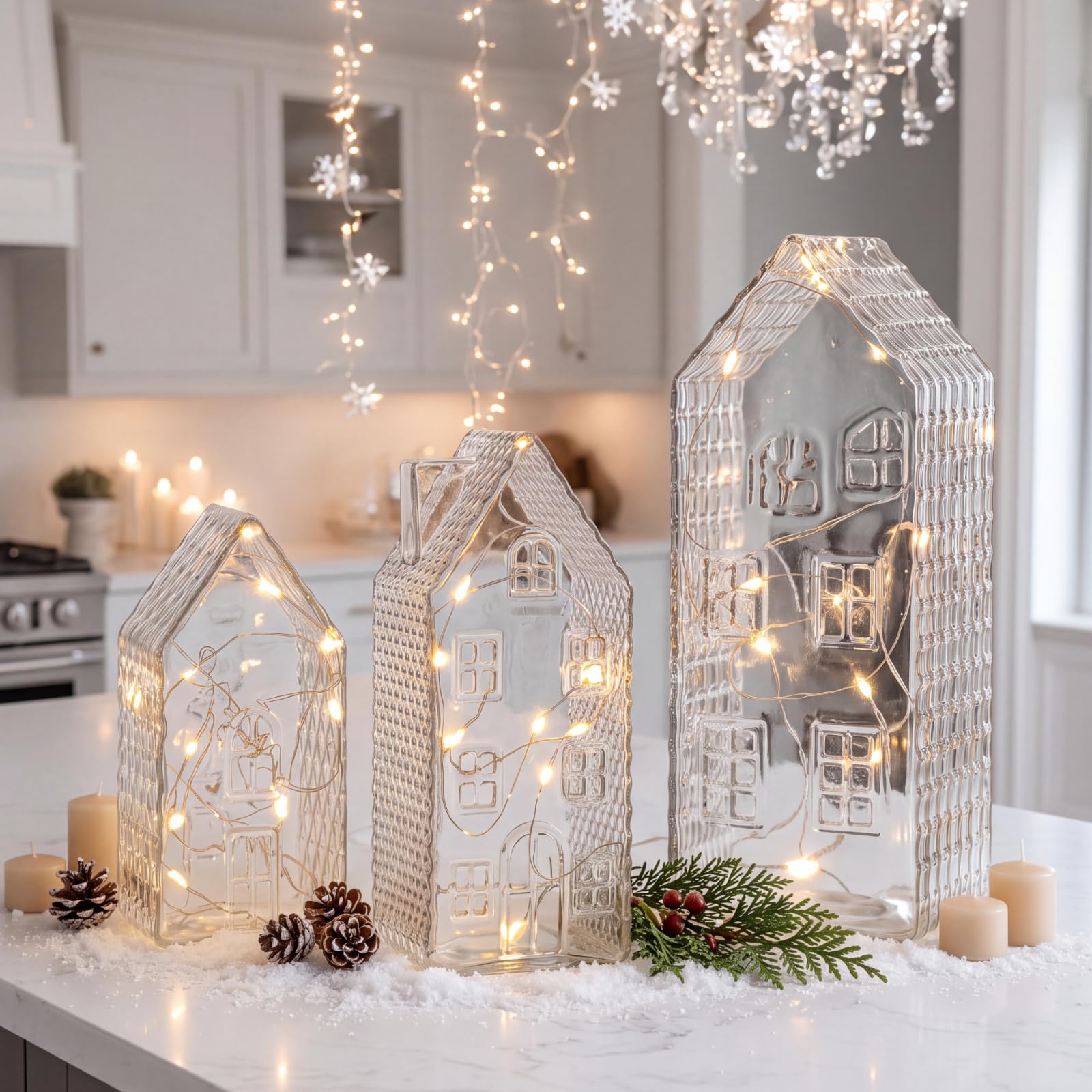 Suclain Lot de 3 décorations de Noël en verre avec guirlande lumineuse LED et télécommande - Décoration de maison scandinave - Centre de table pour cheminée d'hiver, étagère, décoration d'intérieur