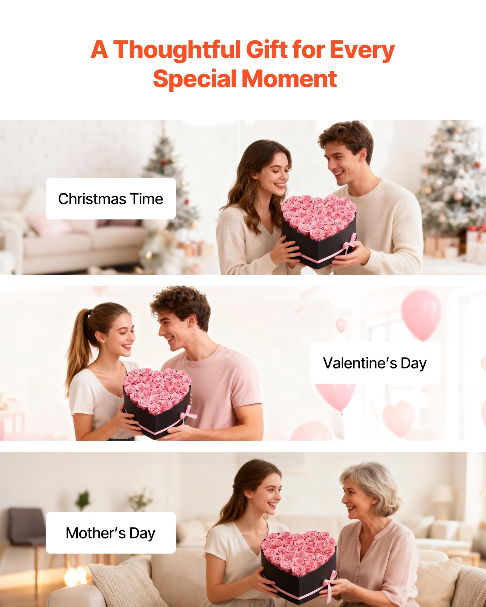 VEVOR 27 Rosas Eternas en Caja con Forma de Corazón, Ramo de Flores Preservadas, Caja de Regalo de Flores para Esposas, Madres, Amantes, para Bodas, Día de la Madre, San Valentín, Navidad, Rosa