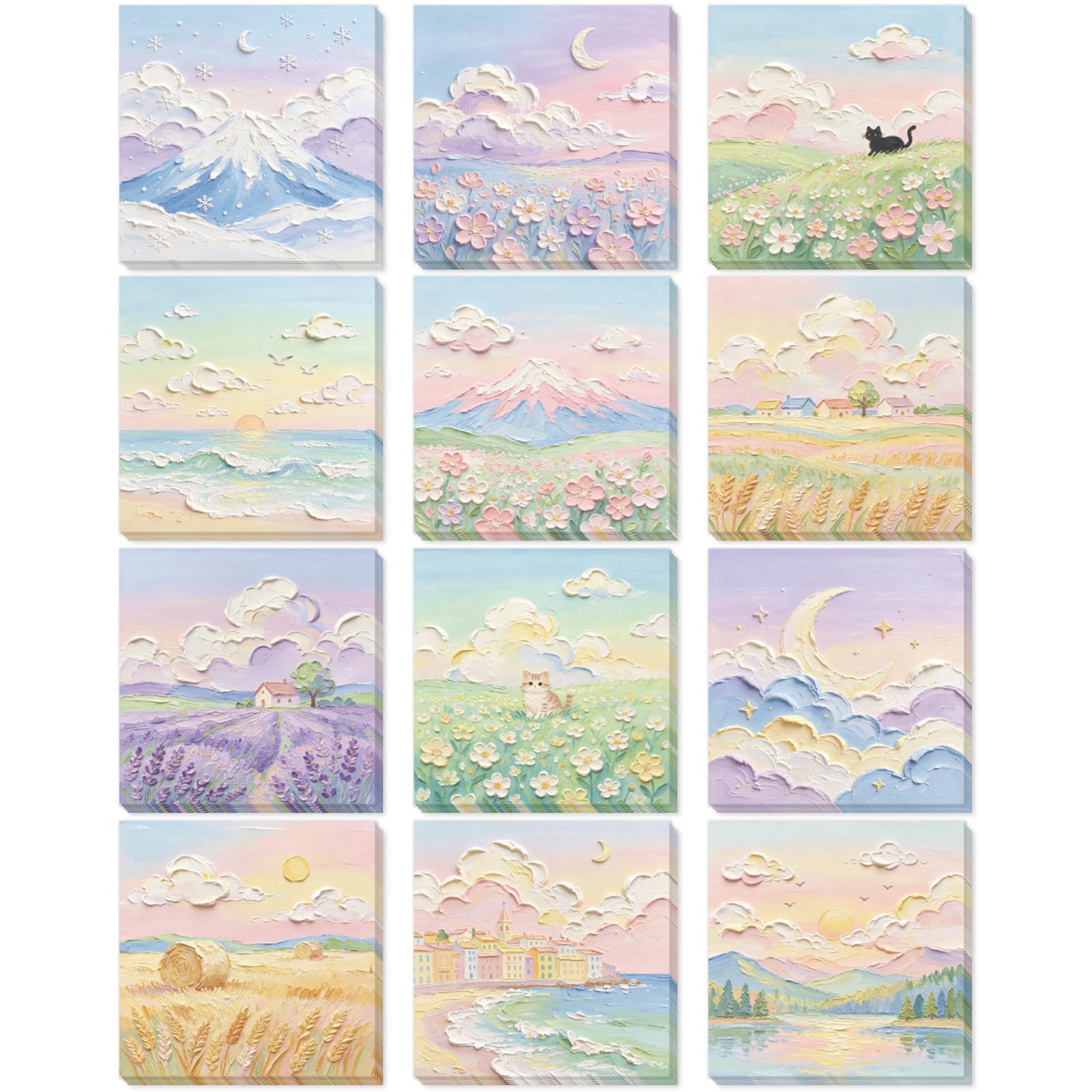 GLOBLELAND 12 Pads 600 Sheets Oil Painting Landscape Sticky Notes 7.5x7.5 cm Self-Adhesive Memo Pads with Clouds & Mountains Design Strong Adhesion to Do List Sticky Notes for Journaling Office — image 1