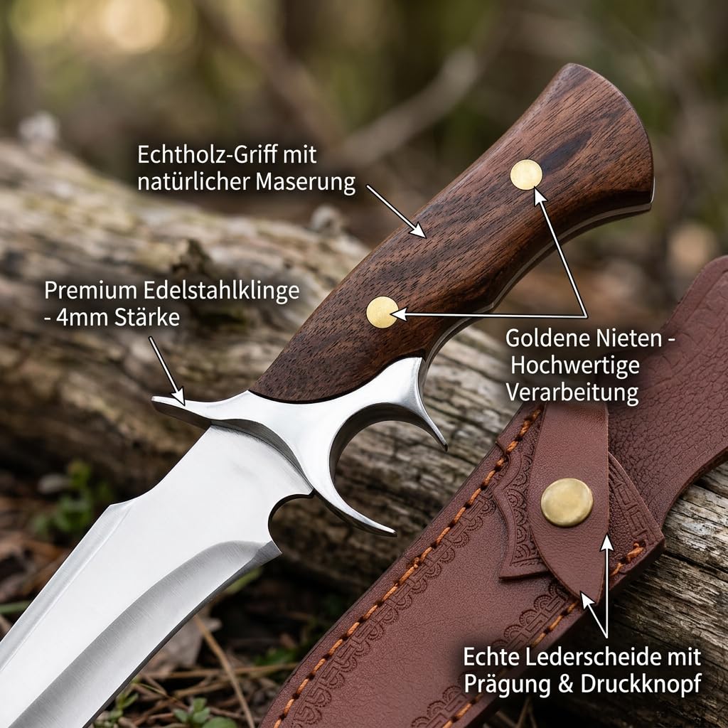 Outdoor Fahrtenmesser Feststehend - Profi Jagdmesser Scharf aus 440C Edelstahl mit Echtholz-Griff & Lederscheide - Full-Tang Survivalmesser für Camping, Bushcraft & Wandern - Geschenk für Männer
