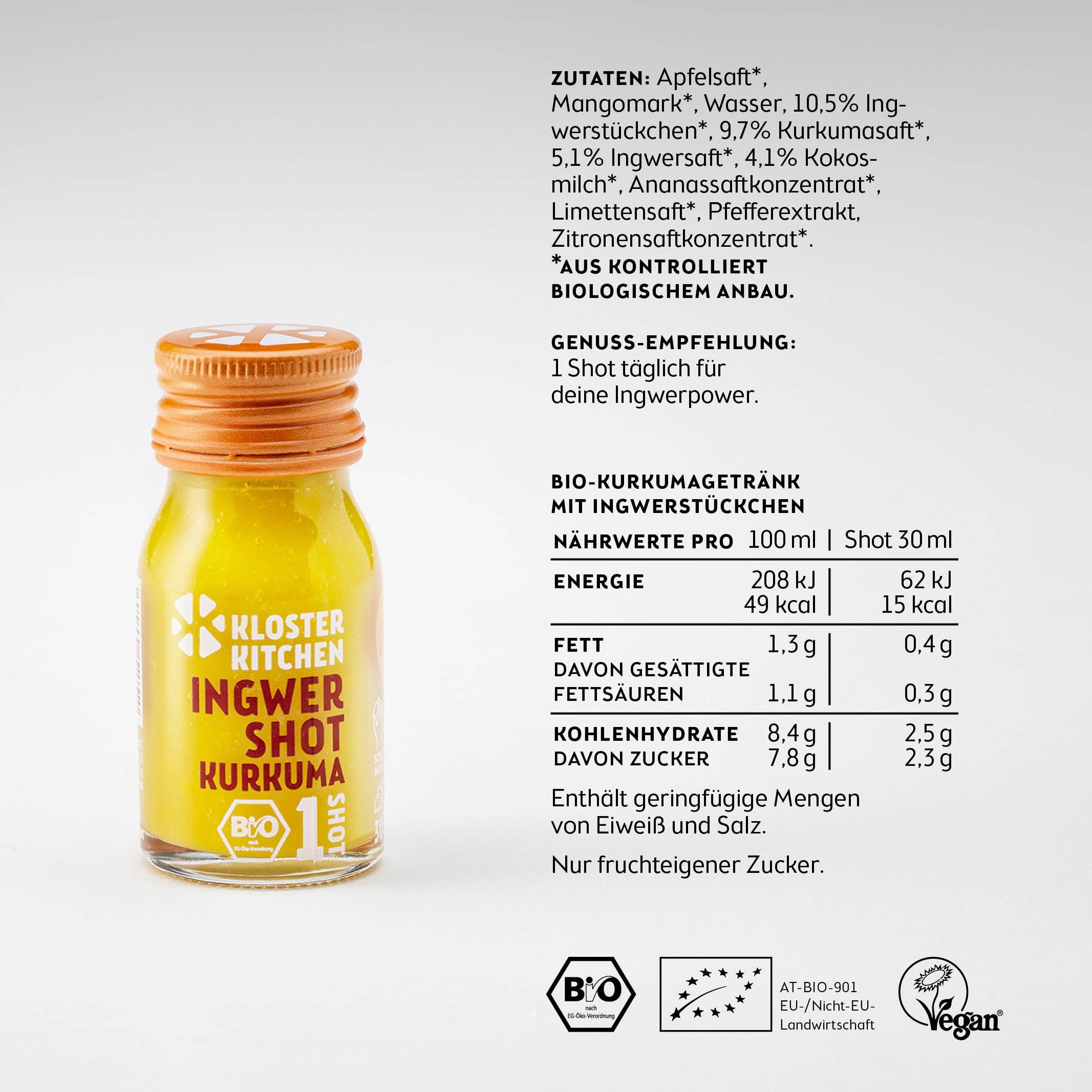 Kloster Kitchen Bio Jengibre Shot Cúrcuma 1SHOT 28x 30 ml Vegano Sin Aditivos