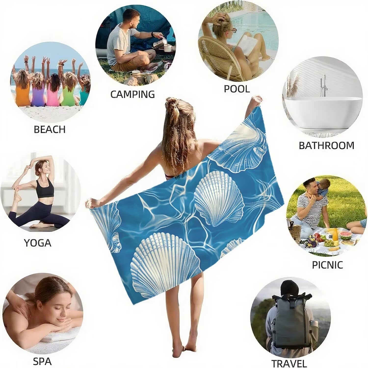 Toalla Playa Microfibra 150x200 Caparazón Diseño Absorbente Sin Arena Toalla Playa, con Cuerda Elástica, Ligero, Hombre, Mujer Ideal Toallas de Baño, Aplicable Gimnasio,Viajes, Natación, Azul p-428