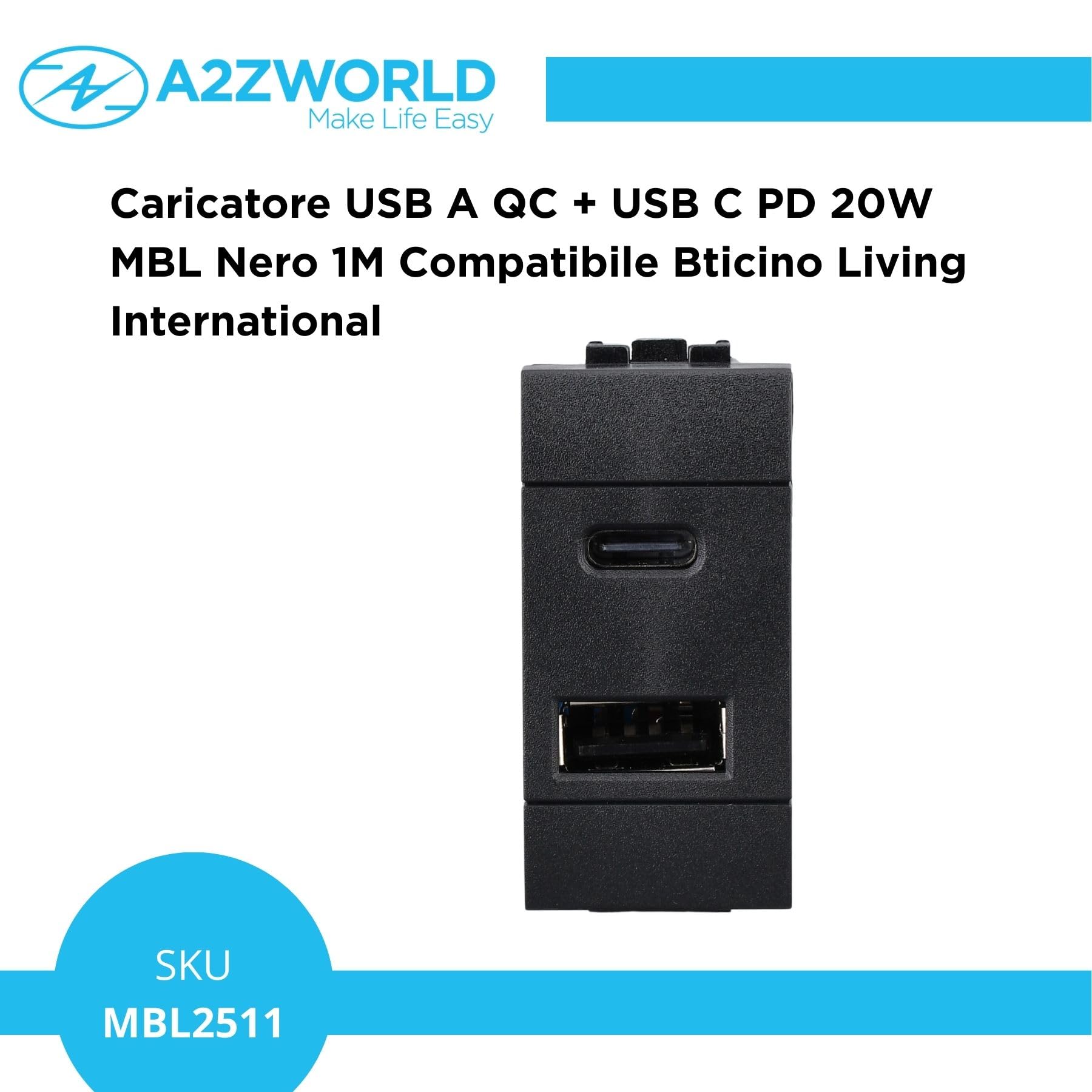4 Stück USB-Ladegerät 1 Modul, USB-A QC 3.0 + USB-C PD 20 W, Schnellladung 5 V 9 V 12 V, kompatibel mit Bticino Living International, Farbe Schwarz, Serie MBL