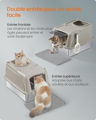 Feandrea Bac à Litière pour Chat, en Acier Inoxydable, avec Couvercle Basculant, Grande Taille, Design Étanche, Pelle, Brosse, Double Entrée, pour Chats Jusqu'à 15 kg, Beige Cappuccino PPT005K01 - 5