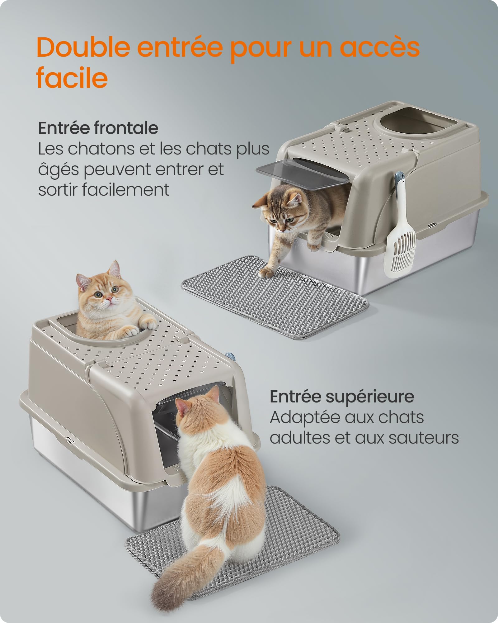 Feandrea Bac à Litière pour Chat, en Acier Inoxydable, avec Couvercle Basculant, Grande Taille, Design Étanche, Pelle, Brosse, Double Entrée, pour Chats Jusqu'à 15 kg, Beige Cappuccino PPT005K01
